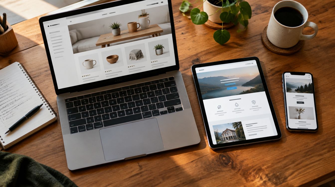 A laptop, tablet, and phone on a desk showing an online store, a service business site, and a simple custom site
